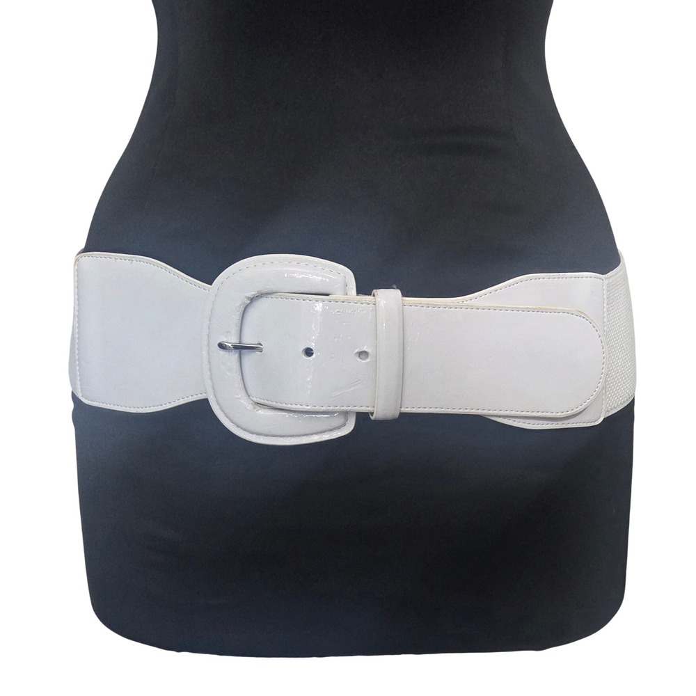 Lauren Ralph Lauren Women's White Wide‎ Elastic Cinch Belt Faux Patent Leather M